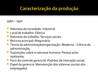 1960 – 1970
 Natureza da sociedade: Industrial
 Local de trabalho: Fábrica
 Natureza do trabalho: Serviços sociais
 Recurso principal: Maquinário
 Teoria da administração/organização: Moderna – Ciência da
administração;
 Suposições sobre a natureza humana: Pessoa auto-
realizante;
 Foco do controle gerencial: Padrões de interação social;
 Papel da gerencia: Manutenção dos sistemas sociais dos
empregados.
 