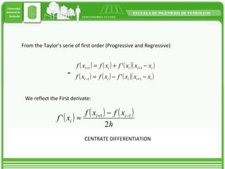 From the Taylor’s serie of first order (Progressive and Regressive) - We reflect the First derivate: CENTRATE DIFFERENTIATION