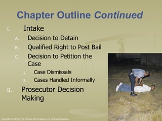 Chapter Outline  Continued   Intake Decision to Detain Qualified Right to Post Bail Decision to Petition the  Case Case Dismissals Cases Handled Informally Prosecutor Decision  Making Copyright © 2007 by The McGraw-Hill Companies, Inc. All Rights Reserved. 