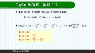 1
國立中央大學數學系
Taylor 多項式 : 習題 4-1
 畫出 𝒔𝒊𝒏 𝟑𝒙 不同次數 Taylor 多項式的函數圖:
 𝒔𝒊𝒏 𝟑𝒙 = 3x -
𝟑𝒙 𝟑
𝟑!
+
𝟑𝒙 𝟓
𝟓!
-
𝟑𝒙 𝟕
𝟕!
+ . . + (−𝟏)𝒌 (𝟑𝒙)𝟐𝒌+𝟏
𝟐𝒌+𝟏 !
k≥ 𝟎
𝐏𝟏(X)、𝐏𝟑(X)、𝐏𝟓(X)、. . . 、𝐏𝟏𝟗(X)
𝐏𝟏 𝐗 = 3x
𝐏𝟑 𝐗 = 3x -
𝟑𝒙 𝟑
𝟑!
𝐏𝟓 𝐗 = 3x -
𝟑𝒙 𝟑
𝟑!
+
𝟑𝒙 𝟓
𝟓!
 