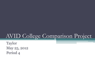 AVID College Comparison Project
Taylor
May 25, 2012
Period 4
 
