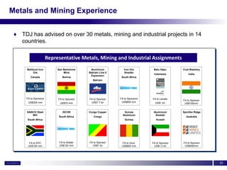 Metals and Mining Experience


 ♦ TDJ has advised on over 30 metals, mining and industrial projects in 14
   countries.

                       Representative Metals, Mining and Industrial Assignments
      Belldune Iron         San Bartolome    Aluminium          Iron Ore       Batu Hijau     Coal Washery
           Ore                  Mine        Bahrain Line 5      Smelter
                                                                               Indonesia          India
                                             Expansion
         Canada                Bolivia                        South Africa
                                               Bahrain




      FA to Sponsors        FA to Sponsor   FA to Sponsor    FA to Sponsors   FA to Lender
                                                                                              FA to Sponsor
       US$300 mm             US$70 mm        US$1.7 bn        US$800 mm         US$1 bn        US$100mm


      SAISCO Steel             ISCOR        Congo Copper        Guinea         Aluminium      Spinifex Ridge
          Mill                                                 Aluminum         Smelter
                             South Africa      Congo                                            Australia
      South Africa                                              Guinea           Kuwait




        FA to EPC            FA to Bidder   FA to Sponsor     FA to Govt.     FA to Sponsor   FA to Sponsor
       US$150 mm             US$120 mm        US$1 bn         US$900 mm        US$1.2 bn       US$450mm




                                                                                                               22
 