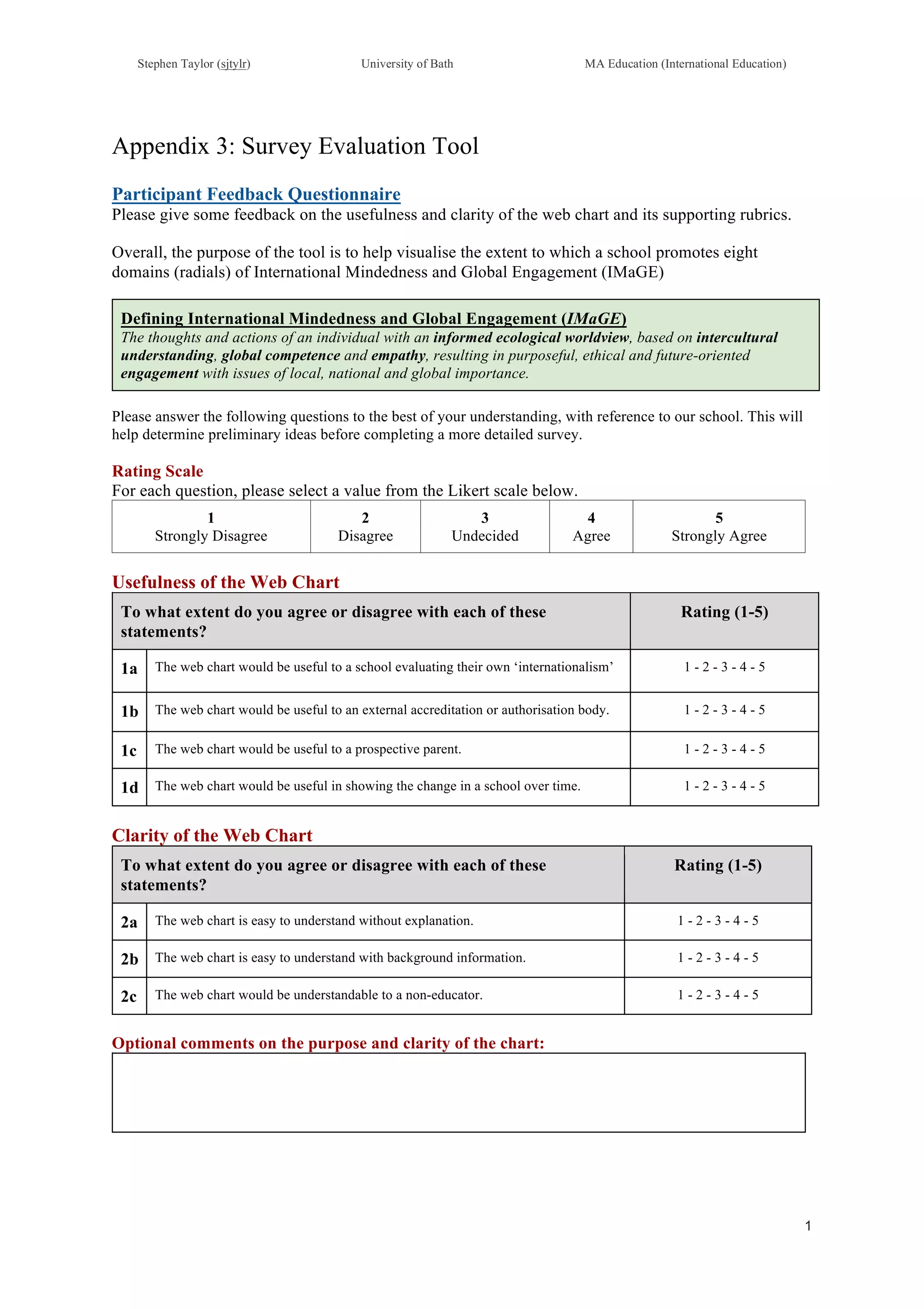 Stephen Taylor (sjtylr) University of Bath MA Education (International Education)
!
1!
!
Appendix 3: Survey Evaluation Tool
Participant Feedback Questionnaire
Please give some feedback on the usefulness and clarity of the web chart and its supporting rubrics.
Overall, the purpose of the tool is to help visualise the extent to which a school promotes eight
domains (radials) of International Mindedness and Global Engagement (IMaGE)
Defining International Mindedness and Global Engagement (IMaGE)
The thoughts and actions of an individual with an informed ecological worldview, based on intercultural
understanding, global competence and empathy, resulting in purposeful, ethical and future-oriented
engagement with issues of local, national and global importance.
Please answer the following questions to the best of your understanding, with reference to our school. This will
help determine preliminary ideas before completing a more detailed survey.
Rating Scale
For each question, please select a value from the Likert scale below.
1
Strongly Disagree
2
Disagree
3
Undecided
4
Agree
5
Strongly Agree
Usefulness of the Web Chart
To what extent do you agree or disagree with each of these
statements?
Rating (1-5)
1a The web chart would be useful to a school evaluating their own ‘internationalism’ 1 - 2 - 3 - 4 - 5
1b The web chart would be useful to an external accreditation or authorisation body. 1 - 2 - 3 - 4 - 5
1c The web chart would be useful to a prospective parent. 1 - 2 - 3 - 4 - 5
1d The web chart would be useful in showing the change in a school over time. 1 - 2 - 3 - 4 - 5
Clarity of the Web Chart
To what extent do you agree or disagree with each of these
statements?
Rating (1-5)
2a The web chart is easy to understand without explanation. 1 - 2 - 3 - 4 - 5
2b The web chart is easy to understand with background information. 1 - 2 - 3 - 4 - 5
2c The web chart would be understandable to a non-educator. 1 - 2 - 3 - 4 - 5
Optional comments on the purpose and clarity of the chart:
 