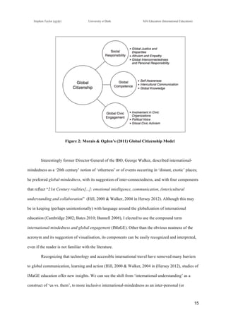 !
Stephen Taylor (sjytlr) University of Bath MA Education (International Education)
!
!
15!
Figure 2: Morais & Ogden’s (2011) Global Citizenship Model
Interestingly former Director General of the IBO, George Walker, described international-
mindedness as a ‘20th century’ notion of ‘otherness’ or of events occurring in ‘distant, exotic’ places;
he preferred global-mindedness, with its suggestion of inter-connectedness, and with four components
that reflect “21st Century realities[...]: emotional intelligence, communication, (inter)cultural
understanding and collaboration” (Hill, 2000 & Walker, 2004 in Hersey 2012). Although this may
be in keeping (perhaps unintentionally) with language around the globalization of international
education (Cambridge 2002; Bates 2010; Bunnell 2008), I elected to use the compound term
international-mindedness and global engagement (IMaGE). Other than the obvious neatness of the
acronym and its suggestion of visualisation, its components can be easily recognized and interpreted,
even if the reader is not familiar with the literature.
Recognizing that technology and accessible international travel have removed many barriers
to global communication, learning and action (Hill, 2000 & Walker, 2004 in (Hersey 2012), studies of
IMaGE education offer new insights. We can see the shift from ‘international understanding’ as a
construct of ‘us vs. them’, to more inclusive international-mindedness as an inter-personal (or
 
