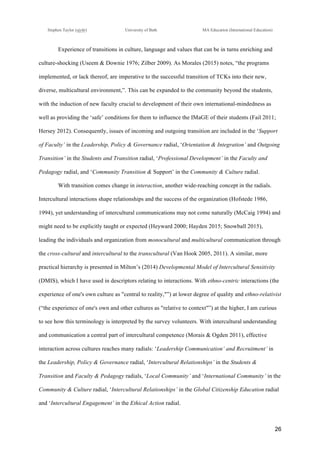 !
Stephen Taylor (sjytlr) University of Bath MA Education (International Education)
!
!
26!
Experience of transitions in culture, language and values that can be in turns enriching and
culture-shocking (Useem & Downie 1976; Zilber 2009). As Morales (2015) notes, “the programs
implemented, or lack thereof, are imperative to the successful transition of TCKs into their new,
diverse, multicultural environment,”. This can be expanded to the community beyond the students,
with the induction of new faculty crucial to development of their own international-mindedness as
well as providing the ‘safe’ conditions for them to influence the IMaGE of their students (Fail 2011;
Hersey 2012). Consequently, issues of incoming and outgoing transition are included in the ‘Support
of Faculty’ in the Leadership, Policy & Governance radial, ‘Orientation & Integration’ and Outgoing
Transition’ in the Students and Transition radial, ‘Professional Development’ in the Faculty and
Pedagogy radial, and ‘Community Transition & Support’ in the Community & Culture radial.
With transition comes change in interaction, another wide-reaching concept in the radials.
Intercultural interactions shape relationships and the success of the organization (Hofstede 1986,
1994), yet understanding of intercultural communications may not come naturally (McCaig 1994) and
might need to be explicitly taught or expected (Heyward 2000; Hayden 2015; Snowball 2015),
leading the individuals and organization from monocultural and multicultural communication through
the cross-cultural and intercultural to the transcultural (Van Hook 2005, 2011). A similar, more
practical hierarchy is presented in Milton’s (2014) Developmental Model of Intercultural Sensitivity
(DMIS), which I have used in descriptors relating to interactions. With ethno-centric interactions (the
experience of one's own culture as "central to reality,"”) at lower degree of quality and ethno-relativist
(“the experience of one's own and other cultures as "relative to context"”) at the higher, I am curious
to see how this terminology is interpreted by the survey volunteers. With intercultural understanding
and communication a central part of intercultural competence (Morais & Ogden 2011), effective
interaction across cultures reaches many radials: ‘Leadership Communication’ and Recruitment’ in
the Leadership, Policy & Governance radial, ‘Intercultural Relationships’ in the Students &
Transition and Faculty & Pedagogy radials, ‘Local Community’ and ‘International Community’ in the
Community & Culture radial, ‘Intercultural Relationships’ in the Global Citizenship Education radial
and ‘Intercultural Engagement’ in the Ethical Action radial.
 