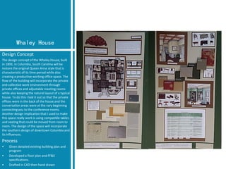 Whaley House 
Design Concept 
The design concept of the Whaley House, built in 1893, in Columbia, South Carolina will be restore the original Queen Anne style that is characteristic of its time period while also creating a productive working office space. The flow of the building will incorporate the private and collective work environment through private offices and adjustable meeting rooms while also keeping the natural layout of a typical house. To do this I laid it out so that the private offices were in the back of the house and the conversation areas were at the vary beginning connecting you to the conference rooms. Another design implication that I used to make this space really work is using compatible tables and seating that could be moved from room to room. The design of the space will incorporate the southern design of downtown Columbia and its influences. 
Process 
•Given detailed existing building plan and program 
•Developed a floor plan and FF&E specifications. 
•Drafted in CAD then hand drawn  