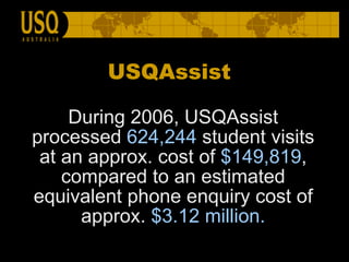 During 2006, USQAssist processed  624,244  student visits at an approx. cost of  $149,819 , compared to an estimated equivalent phone enquiry cost of approx.  $3.12 million. USQAssist  