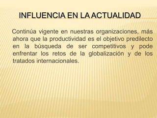 INFLUENCIA EN LA ACTUALIDAD
Continúa vigente en nuestras organizaciones, más
ahora que la productividad es el objetivo predilecto
en la búsqueda de ser competitivos y pode
enfrentar los retos de la globalización y de los
tratados internacionales.
 