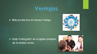 Más productos en menos tiempo.
 Cada trabajador se ocupaba siempre
de la misma tarea.
 