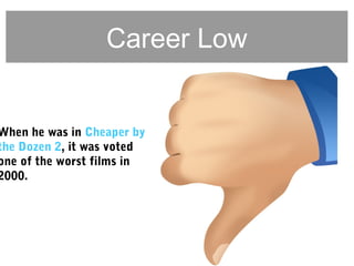 Career Low
When he was in Cheaper by
the Dozen 2, it was voted
one of the worst films in
2000.
 