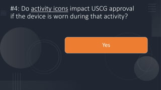 #4: Do activity icons impact USCG approval
if the device is worn during that activity?
Yes
 