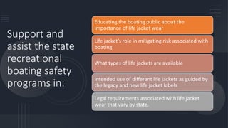 Educating the boating public about the
importance of life jacket wear
Life jacket’s role in mitigating risk associated with
boating
What types of life jackets are available
Intended use of different life jackets as guided by
the legacy and new life jacket labels
Legal requirements associated with life jacket
wear that vary by state.
Support and
assist the state
recreational
boating safety
programs in:
 