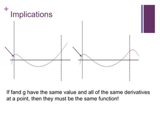ImplicationsIf fand g have the same value and all of the same derivatives at a point, then they must be the same function!