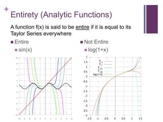 Entirety (Analytic Functions)A function f(x) is said to be entire if it is equal to its Taylor Series everywhereEntiresin(x)Not Entirelog(1+x)