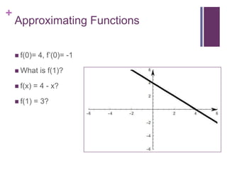 Approximating Functionsf(0)= 4, f’(0)= -1What is f(1)?f(x) = 4 - x?f(1) = 3?