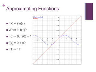 Approximating Functionsf(x) = sin(x)What is f(1)?f(0) = 0, f’(0) = 1f(x) = 0 + x?f(1) = 1?