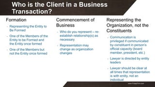 www.FridayFirm.com
Who is the Client in a Business
Transaction?
Formation
- Representing the Entity to
Be Formed
- One of ...