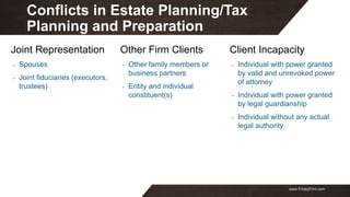 www.FridayFirm.com
Conflicts in Estate Planning/Tax
Planning and Preparation
Joint Representation
- Spouses
- Joint fiduci...