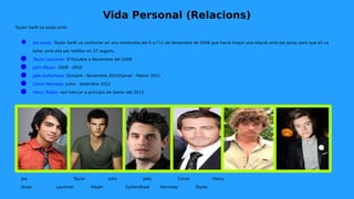 Vida Personal (Relacions)
Taylor Swift ha estat amb:
● Joe Jonas: Taylor Swift va confirmar en una entrevista del 6 a l’11 de Novembre de 2008 que havia tingut una relació amb Joe Jonas però que ell va
tallar amb ella per telèfon en 27 segons.
● Taylor Launtner: D’Octubre a Novembre del 2009.
● John Mayer: 2009 - 2010
● Jake Gyllenhaal: Octubre - Novembre 2010/Gener - Febrer 2011
● Conor Kennedy: Juliol - Setembre 2012
● Harry Styles: van trencar a principis de Gener del 2013
Joe Taylor John Jake Conor Harry
Jonas Launtner Mayer Gyllendhaal Kennedy Styles
 