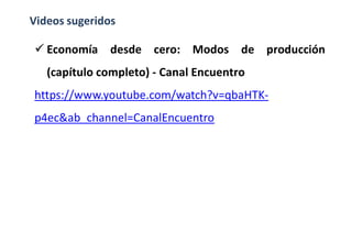 Videos sugeridos
 Economía desde cero: Modos de producción
(capítulo completo) - Canal Encuentro
https://www.youtube.com/watch?v=qbaHTK-
p4ec&ab_channel=CanalEncuentro
 