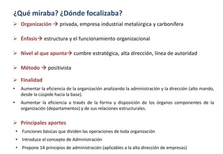 ¿Qué miraba? ¿Dónde focalizaba?
 Organización  privada, empresa industrial metalúrgica y carbonífera
 Énfasis estructura y el funcionamiento organizacional
 Nivel al que apunta cumbre estratégica, alta dirección, línea de autoridad
 Método  positivista
 Finalidad
• Aumentar la eficiencia de la organización analizando la administración y la dirección (alto mando,
desde la cúspide hacia la base).
• Aumentar la eficiencia a través de la forma y disposición de los órganos componentes de la
organización (departamentos) y de sus relaciones estructurales.
 Principales aportes
• Funciones básicas que dividen las operaciones de toda organización
• Introduce el concepto de Administración
• Propone 14 principios de administración (aplicables a la alta dirección de empresas)
 
