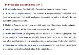 14 Principios de administración (I)
1. División del trabajo. Especialización. Estandarizar procesos, tareas y cargos.
2. Autoridad y responsabilidad. Dar órdenes + Responsabilidad. Autoridad legal
(normas, estatutos) y personal (cualidades personales de quien la ejerce). No hay
autoridad sin responsabilidad.
3. Disciplina. Respetar normas y acuerdos. Liderazgo, acuerdos claros y sanciones justas.
4. Unidad de mando. Recibir órdenes de un solo jefe o superior.
5. Unidad de dirección. Un programa para cada actividad. Cada actividad/programa con
el mismo objetivo debe tener un solo jefe. Todos trabajan en la misma dirección. “Un
solo jefe y un solo programa para un conjunto de operaciones que tienden al mismo fin”.
6. Subordinación del interés particular al interés general. Priorizar los intereses de la
organización frente al interés individual de lxs trabajadores.
 