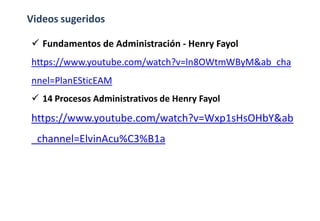 Videos sugeridos
 Fundamentos de Administración - Henry Fayol
https://www.youtube.com/watch?v=ln8OWtmWByM&ab_cha
nnel=PlanESticEAM
 14 Procesos Administrativos de Henry Fayol
https://www.youtube.com/watch?v=Wxp1sHsOHbY&ab
_channel=ElvinAcu%C3%B1a
 