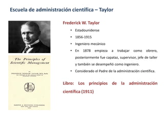 Escuela de administración científica – Taylor
Frederick W. Taylor
• Estadounidense
• 1856-1915
• Ingeniero mecánico
• En 1878 empieza a trabajar como obrero,
posteriormente fue capataz, supervisor, jefe de taller
y también se desempeñó como ingeniero.
• Considerado el Padre de la administración científica.
Libro: Los principios de la administración
científica (1911)
 