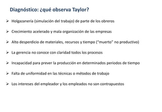 Diagnóstico: ¿qué observa Taylor?
 Holgazanería (simulación del trabajo) de parte de los obreros
 Crecimiento acelerado y mala organización de las empresas
 Alto desperdicio de materiales, recursos y tiempo (“muerto” no productivo)
 La gerencia no conoce con claridad todos los procesos
 Incapacidad para prever la producción en determinados periodos de tiempo
 Falta de uniformidad en las técnicas o métodos de trabajo
 Los intereses del empleador y los empleados no son contrapuestos
 