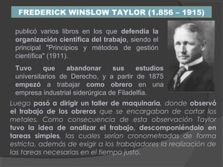 publicó varios libros en los que defendía la
organización científica del trabajo, siendo el
principal "Principios y métodos de gestión
científica" (1911).
Tuvo que abandonar sus estudios
universitarios de Derecho, y a partir de 1875
empezó a trabajar como obrero en una
empresa industrial siderúrgica de Filadelfia.
FREDERICK WINSLOW TAYLOR (1.856 – 1915)
Luego pasó a dirigir un taller de maquinaria, donde observó
el trabajo de los obreros que se encargaban de cortar los
metales. Como consecuencia de esta observación Taylor
tuvo la idea de analizar el trabajo, descomponiéndolo en
tareas simples, las cuales serían cronometradas de forma
estricta, además de exigir a los trabajadores la realización de
las tareas necesarias en el tiempo justo.
 