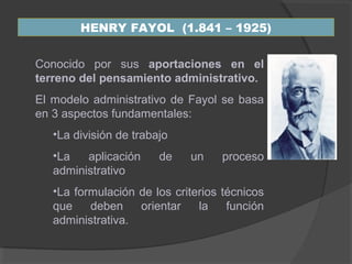 HENRY FAYOL (1.841 – 1925)
Conocido por sus aportaciones en el
terreno del pensamiento administrativo.
El modelo administrativo de Fayol se basa
en 3 aspectos fundamentales:
•La división de trabajo
•La aplicación de un proceso
administrativo
•La formulación de los criterios técnicos
que deben orientar la función
administrativa.
 