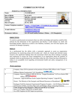 CURRICULUM VITAE
PERSONAL INFORMATION
Name: TAYOB KHAN
Date of Birth: 01.12.1977
Place of Birth: DHAKA –BANGLADESH
Nationality:
P.P.NO-
Date of Expiry-
BANGLADESHI
AG 9451036
02 Nov 2018
Contact Telephone numbers: Mobile: +77754227600/ +77711098145 (Kazakhstan)
+8801715413772 (Bangladesh)
E-mail Adresse: tayobkhan@yahoo.com
tayobkhan@gmail.com
Permanent Address: KA-30 South badda,Gulshan-1 Dhaka - 1212 Bangladesh
OBJECTIVES
To work in a professional environment where my skills, knowledge and expertise could be fully
utilized for the betterment of the organization and thereby I could sharpen my skills and
knowledge besides, objectives to achieve zero fatalities, incidents, zero lost time injuries, and
minimize all damage to property.
SKILLS
As a professional has the ability with a systematic approach to assist an organization
performance by monitoring along with do plans and check art, formal and informal means
toward to the significant findings from risk assessment which may direct looking at strength
and weaknesses to ensure the senior management of an organization about the qualities of
standards which are performing at the work place either the risk of harm has been eliminated or
reduce to an acceptable level regarding environmental health and safety management of an
organization.
Work experience
1 Company: Since 2014 at present on the position of Senior HSE Officer in the “Caspian
Offshore Marine Construction” LLP. Kazakhstan
2 Company: Since16 of March 2009 till 2014 at “Keppel Kazakhstan” LLP on a Senior HSE
Officer
Contractor : Agip Kazakhstan North Caspian Operating Company” (Agip KCO)
Owner : The Ministry of the Energetic and Mineral Resources of Kazakhstan”,
Kashagan Field Development Experimental Program (Complex –A & D) Piping Fabrication
and Erection of Main, Auxiliary Pipe racks and Bridges, Barge connecting Pontoons.
3 Under Keppel group Singapore, Shipyard and Oil & Gas island
Since 22 of August 1998 till 05 of March 2009.
As a HSE Engineer & HSE Supervisor positions.
 