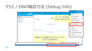 クラス / DNの確認方法 (Debug Info)
ユーザー名を選び
Show Debug Info
画面左下に閲覧中のオブジェクトの
クラスとDNが表示
 