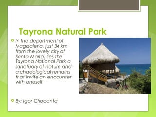 Tayrona Natural Park
   In the department of
    Magdalena, just 34 km
    from the lovely city of
    Santa Marta, lies the
    Tayrona National Park a
    sanctuary of nature and
    archaeological remains
    that invite an encounter
    with oneself


   By; Igor Choconta
 