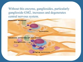 Signs or SymptomsTay–Sachs disease is classified in variant forms, based on the time of onset of neurological symptoms.Infantile        JuvenileAdult/Late Onset3 to 10 months         two and 10 years              20 and 30 yearsExtremely rare                usually non-fatal 