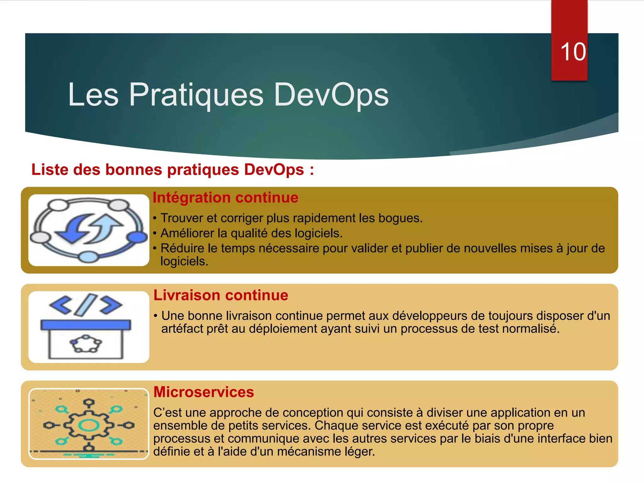 Les Pratiques DevOps
10
Intégration continue
• Trouver et corriger plus rapidement les bogues.
• Améliorer la qualité des logiciels.
• Réduire le temps nécessaire pour valider et publier de nouvelles mises à jour de
logiciels.
Livraison continue
• Une bonne livraison continue permet aux développeurs de toujours disposer d'un
artéfact prêt au déploiement ayant suivi un processus de test normalisé.
Microservices
C’est une approche de conception qui consiste à diviser une application en un
ensemble de petits services. Chaque service est exécuté par son propre
processus et communique avec les autres services par le biais d'une interface bien
définie et à l'aide d'un mécanisme léger.
Liste des bonnes pratiques DevOps :
 