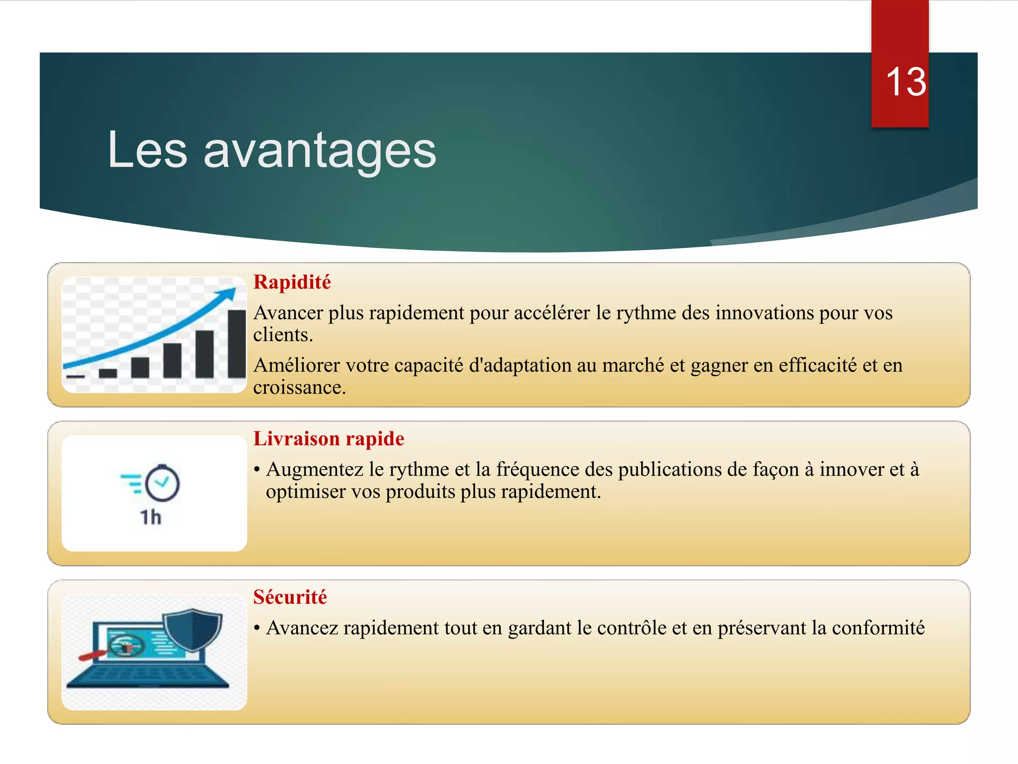 Les avantages
Rapidité
Avancer plus rapidement pour accélérer le rythme des innovations pour vos
clients.
Améliorer votre capacité d'adaptation au marché et gagner en efficacité et en
croissance.
Livraison rapide
• Augmentez le rythme et la fréquence des publications de façon à innover et à
optimiser vos produits plus rapidement.
Sécurité
• Avancez rapidement tout en gardant le contrôle et en préservant la conformité
13
 