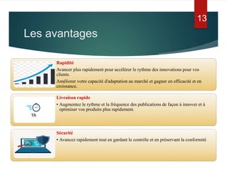 Les avantages
Rapidité
Avancer plus rapidement pour accélérer le rythme des innovations pour vos
clients.
Améliorer votre capacité d'adaptation au marché et gagner en efficacité et en
croissance.
Livraison rapide
• Augmentez le rythme et la fréquence des publications de façon à innover et à
optimiser vos produits plus rapidement.
Sécurité
• Avancez rapidement tout en gardant le contrôle et en préservant la conformité
13
 