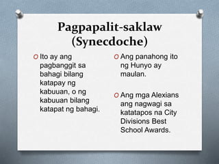 Pagpapalit-saklaw
(Synecdoche)
O Ito ay ang
pagbanggit sa
bahagi bilang
katapay ng
kabuuan, o ng
kabuuan bilang
katapat ng bahagi.
O Ang panahong ito
ng Hunyo ay
maulan.
O Ang mga Alexians
ang nagwagi sa
katatapos na City
Divisions Best
School Awards.
 