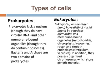 Types of cells
Prokaryotes:
Prokaryotes lack a nucleus
(though they do have
circular DNA) and other
membrane-bound
organelles (though they
do contain ribosomes).
Bacteria and Archaea are
two domains of
prokaryotes.
Eukaryotes:
Eukaryotes, on the other
hand, have distinct nuclei
bound by a nuclear
membrane and
membrane-bound
organelles (mitochondria,
chloroplasts, lysosomes,
rough and smooth
endoplasmic reticulum,
vacuoles). In addition, they
possess organized
chromosomes which store
genetic material.
 