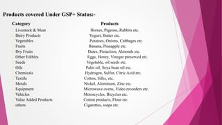 Products covered Under GSP+ Status:-
Category Products
Livestock & Meat Horses, Pigeons, Rabbits etc.
Dairy Products Yogurt, Butter etc.
Vegetables Potatoes, Onions, Cabbages etc.
Fruits Banana, Pineapple etc.
Dry Fruits Dates, Pistachios, Almonds etc.
Other Edibles Eggs, Honey, Vinegar preserved etc.
Seeds Vegetable, oil seeds etc.
Oils Palm oil, Soya bean oil etc.
Chemicals Hydrogen, Sulfur, Citric Acid etc.
Textile Cotton, Silks, etc.
Metals Nickel, Aluminum, Zinc etc.
Equipment Microwave ovens, Video recorders etc.
Vehicles Motorcycles, Bicycles etc.
Value Added Products Cotton products, Flour etc.
others Cigarettes, soaps etc.
 