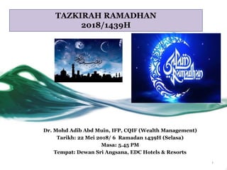 TAZKIRAH RAMADHAN
2018/1439H
Dr. Mohd Adib Abd Muin, IFP, CQIF (Wealth Management)
Tarikh: 22 Mei 2018/ 6 Ramadan 1439H (Selasa)
Masa: 5.45 PM
Tempat: Dewan Sri Angsana, EDC Hotels & Resorts
1
 