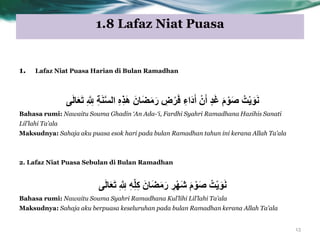 1.8 Lafaz Niat Puasa
13
1. Lafaz Niat Puasa Harian di Bulan Ramadhan
‫ى‬َ‫ل‬‫ا‬َ‫ع‬َ‫ت‬ ِ َّ ِ‫َلِل‬ ِ‫ت‬ٌََّ‫س‬‫ال‬ ٍِِ‫ذ‬َُ َ‫اى‬َ‫ض‬َ‫ه‬َ‫ر‬ ِ‫ض‬ْ‫ز‬َ‫ف‬ ِ‫َاء‬‫د‬َ‫أ‬ ْ‫ى‬َ‫أ‬ ٍ‫د‬َ‫غ‬ َ‫م‬ َْْ‫ص‬ ُ‫ْت‬‫ي‬ًََْ
Bahasa rumi: Nawaitu Souma Ghadin „An Ada-„i, Fardhi Syahri Ramadhana Hazihis Sanati
Lil‟lahi Ta‟ala
Maksudnya: Sahaja aku puasa esok hari pada bulan Ramadhan tahun ini kerana Allah Ta‟ala
2. Lafaz Niat Puasa Sebulan di Bulan Ramadhan
‫ى‬َ‫ل‬‫ا‬َ‫ع‬َ‫ت‬ ِ َّ ِ‫َلِل‬ َِِّ‫ل‬ِ‫ك‬ َ‫اى‬َ‫ض‬َ‫ه‬َ‫ر‬ ِ‫ز‬َِْ‫ش‬ َ‫م‬ َْْ‫ص‬ ُ‫ْت‬‫ي‬ًََْ
Bahasa rumi: Nawaitu Souma Syahri Ramadhana Kul‟lihi Lil‟lahi Ta‟ala
Maksudnya: Sahaja aku berpuasa keseluruhan pada bulan Ramadhan kerana Allah Ta‟ala
 