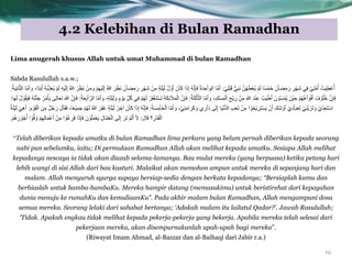 4.2 Kelebihan di Bulan Ramadhan
19
Lima anugerah khusus Allah untuk umat Muhammad di bulan Ramadhan
Sabda Rasulullah s.a.w.;
ًِْ‫ي‬ْ‫ث‬َ‫ق‬ ًٌِّ‫ث‬َّ ََُِّٖ‫ط‬ْ‫ع‬ٌُ ٌَْ‫ى‬ ‫ا‬ً‫س‬ََْ‫خ‬ َُْ‫ا‬َ‫ض‬ٍَ َ‫س‬ ِ‫ش‬َْٖ‫ش‬ ًِ‫ف‬ ًِْ‫ر‬ٍَُّ‫أ‬ ْ‫د‬ٍَِ‫ْط‬‫ع‬ُ‫أ‬:ُ‫هللا‬ َ‫ش‬َ‫ظ‬َّ ٍَِْ َٗ ٌٍَِْْٖ‫ى‬ِ‫إ‬ ُ‫هللا‬ َ‫ش‬َ‫ظ‬َّ َُْ‫ا‬َ‫ض‬ٍَ َ‫س‬ ِ‫ش‬َْٖ‫ش‬ ٍِِْ ٍ‫ح‬َ‫ي‬ٍَْ‫ى‬ ُ‫ه‬ ََّٗ‫أ‬ َُْ‫ا‬َ‫م‬ ‫ا‬َ‫ر‬ِ‫إ‬ َُِّّٔ‫إ‬َ‫ف‬ ُ‫ج‬َ‫ذ‬ ِ‫ح‬ْ‫ا‬ َ٘‫اى‬ ‫ا‬ٍََّ‫أ‬ِ‫إ‬ُ‫ح‬ٍَِّ‫ا‬ََّّ‫اى‬ ‫ا‬ٍََّ‫أ‬ َٗ ‫ًا‬‫ذ‬َ‫ت‬َ‫أ‬ ُْٔ‫ت‬ِّ‫ز‬َ‫ع‬ٌُ ٌَْ‫ى‬ ٍَِْٔ‫ى‬:
ُ‫ح‬ََِّ‫ى‬ْ‫ا‬ََّّ‫اى‬ ‫ا‬ٍََّ‫أ‬ َٗ ِ‫ْل‬‫س‬َِْ‫اى‬ ِ‫ْح‬ٌ ِ‫س‬ ٍِِْ ِ‫هللا‬ َ‫ذ‬ِْْ‫ع‬ ُ‫ة‬ٍَْ‫ط‬َ‫أ‬ َُ ُْ٘‫س‬ٌَُْ ٍَِْ ِ‫ح‬ ٌُُْْٖٕ‫ا‬ َْ٘‫ف‬َ‫أ‬ ُ‫ف‬ ُْ٘‫ي‬ُ‫خ‬ َُِّ‫إ‬َ‫ف‬:ُ‫ح‬َ‫ع‬ِ‫ت‬ْ‫ا‬َّ‫اىش‬ ‫ا‬ٍََّ‫أ‬ َٗ ٍ‫ح‬َ‫ي‬ٍَْ‫ى‬ َٗ ًٍ ٌَْ٘ ِّ‫و‬ُ‫م‬ ًِ‫ف‬ ٌَُْٖ‫ى‬ ُ‫ش‬ِ‫ف‬ْ‫غ‬َ‫ر‬ْ‫س‬َ‫ذ‬ َ‫ح‬َ‫ن‬ِ‫ئ‬َ‫ال‬ََْ‫اى‬ َُِّ‫إ‬َ‫ف‬:‫ا‬ََٖ‫ى‬ ُ‫ه‬ ُْ٘‫ق‬ٍََ‫ف‬ َُٔ‫ر‬ََّْ‫ج‬ ُ‫ش‬ٍُْ‫أ‬ٌَ ‫ذعاىى‬ َ‫هللا‬ َُِّ‫إ‬َ‫ف‬:
َٗ ًِْ‫ر‬ٍَ‫ا‬َ‫َش‬‫م‬ َٗ ‫ي‬ ِ‫س‬ْ‫ا‬َ‫د‬ ‫ى‬َ‫ى‬ِ‫إ‬ ‫ا‬ٍَُّّْ‫ذ‬‫اى‬ ِ‫ة‬َ‫ع‬َ‫ذ‬ ٍِِْ ‫ا‬ ُْ٘‫ح‬ٌْ ِ‫َش‬‫ر‬ْ‫س‬ٌَ َُْ‫أ‬ َ‫َل‬‫ش‬ َْٗ‫أ‬ ْ‫ِي‬‫د‬ْ‫ا‬َ‫ث‬ِ‫ع‬ِ‫ى‬ ًٌََِّْْ‫َز‬‫ذ‬ َٗ ْ‫ّي‬ِ‫ذ‬ِ‫ع‬َ‫ر‬ْ‫س‬ِ‫ا‬ٍََّ‫أ‬ُ‫ح‬َ‫س‬ٍِْ‫ا‬َ‫خ‬ْ‫اى‬ ‫ا‬:ًِ َْ٘‫ق‬ْ‫اى‬ ٍَِِ ٌ‫و‬ُ‫ج‬َ‫س‬ َ‫ه‬ْ‫ا‬َ‫ق‬َ‫ف‬ ‫ا‬ً‫ع‬ٍََِْ‫ج‬ ٌَُْٖ‫ى‬ ُ‫هللا‬ َ‫َش‬‫ف‬َ‫غ‬ ٍ‫ح‬َ‫ي‬ٍَْ‫ى‬ ُ‫ش‬ ِ‫آخ‬ َُْ‫ا‬َ‫م‬ ‫ا‬َ‫ر‬ِ‫إ‬ َُِّّٔ‫إ‬َ‫ف‬:ُ‫ح‬َ‫ي‬ٍَْ‫ى‬ ًََِٕ‫أ‬
َ‫ه‬‫ا‬َ‫ق‬ ‫؟‬ ِ‫ْس‬‫ذ‬َ‫ق‬ْ‫اى‬:ٌُْٕ َ‫س‬ ُْ٘‫ج‬ُ‫أ‬ ‫ا‬ ُّْ٘‫ف‬ ُٗ ٌِِْٖ‫ى‬‫ا‬ََْ‫ع‬َ‫أ‬ ٍِِْ ‫ا‬ ُْ٘‫غ‬ ِ‫ش‬َ‫ف‬ ‫ا‬َ‫ر‬ِ‫إ‬َ‫ف‬ َُ ُْ٘‫ي‬ََْ‫ع‬ٌَ ِ‫ه‬‫ا‬ََُّ‫ع‬ْ‫اى‬ ‫ى‬َ‫ى‬ِ‫إ‬ َ‫َش‬‫ذ‬ ٌَْ‫ى‬َ‫أ‬ َ‫ال‬.
“Telah diberikan kepada umatku di bulan Ramadhan lima perkara yang belum pernah diberikan kepada seorang
nabi pun sebelumku, iaitu; Di permulaan Ramadhan Allah akan melihat kepada umatku. Sesiapa Allah melihat
kepadanya nescaya ia tidak akan diazab selama-lamanya. Bau mulut mereka (yang berpuasa) ketika petang hari
lebih wangi di sisi Allah dari bau kasturi. Malaikat akan memohon ampun untuk mereka di sepanjang hari dan
malam. Allah menyuruh syurga supaya bersiap-sedia dengan berkata kepadanya; “Bersiaplah kamu dan
berhiaslah untuk hamba-hambaKu. Mereka hampir datang (memasukimu) untuk beristirehat dari kepayahan
dunia menuju ke rumahKu dan kemuliaanKu”. Pada akhir malam bulan Ramadhan, Allah mengampuni dosa
semua mereka. Seorang lelaki dari sahabat bertanya; „Adakah malam itu lailatul Qadar?‟. Jawab Rasulullah;
„Tidak. Apakah engkau tidak melihat kepada pekerja-pekerja yang bekerja. Apabila mereka telah selesai dari
pekerjaan mereka, akan disempurnakanlah upah-upah bagi mereka”.
(Riwayat Imam Ahmad, al-Bazzar dan al-Baihaqi dari Jabir r.a.)
 