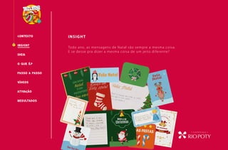 CONTEXTO
Todo ano, as mensagens de Natal são sempre a mesma coisa.
E se desse pra dizer a mesma coisa de um jeito diferente?
INSIGHT
O QUE É?
INSIGHT
PASSO A PASSO
RESULTADOS
IDEIA
VÍDEOS
ATIVAcÃO
 