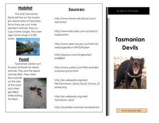 Habitat                              Sources:                      By: Riah VZ, 7th Grader
        The only Tasmanian
Devils left live on the Austra-   http://www.travel-visit-places.com/
lian island state of Tasmania.    tasmania/
Since they are such inde-
pendent animals, they oc-
cupy home ranges. The aver-       http://www.kidcyber.com.au/topics/
age home range is 3,200           tasdevil.htm
acres.
                                                                            Tasmanian
                                  http://www.dpiw.tas.gov.au/inter.nsf/
                                  webpages/lbun-59h7pf?open
                                                                              Devils
                                  http://pixdaus.com/single.php?

          Food                    id=88659

        Tasmanian Devils hunt
for prey and look for dead        http://www.yukiba.com/904-australia-
animals. They eat the dead        oceania-photo.html
animals flesh. They often
find road kill
                                  http://en.wikipedia.org/wiki/
on the side
                                  File:Tasmanian_Devil_Facial_Tumour_Di
of the road
                                  sease.png
and often
get killed
while eating                      http://en.wikipedia.org/wiki/
the flesh.                        Tasmanian_devil


                                  http://australian-animals.net/devil.htm
                                                                                TDFTDH: (03) 6233 2006
 