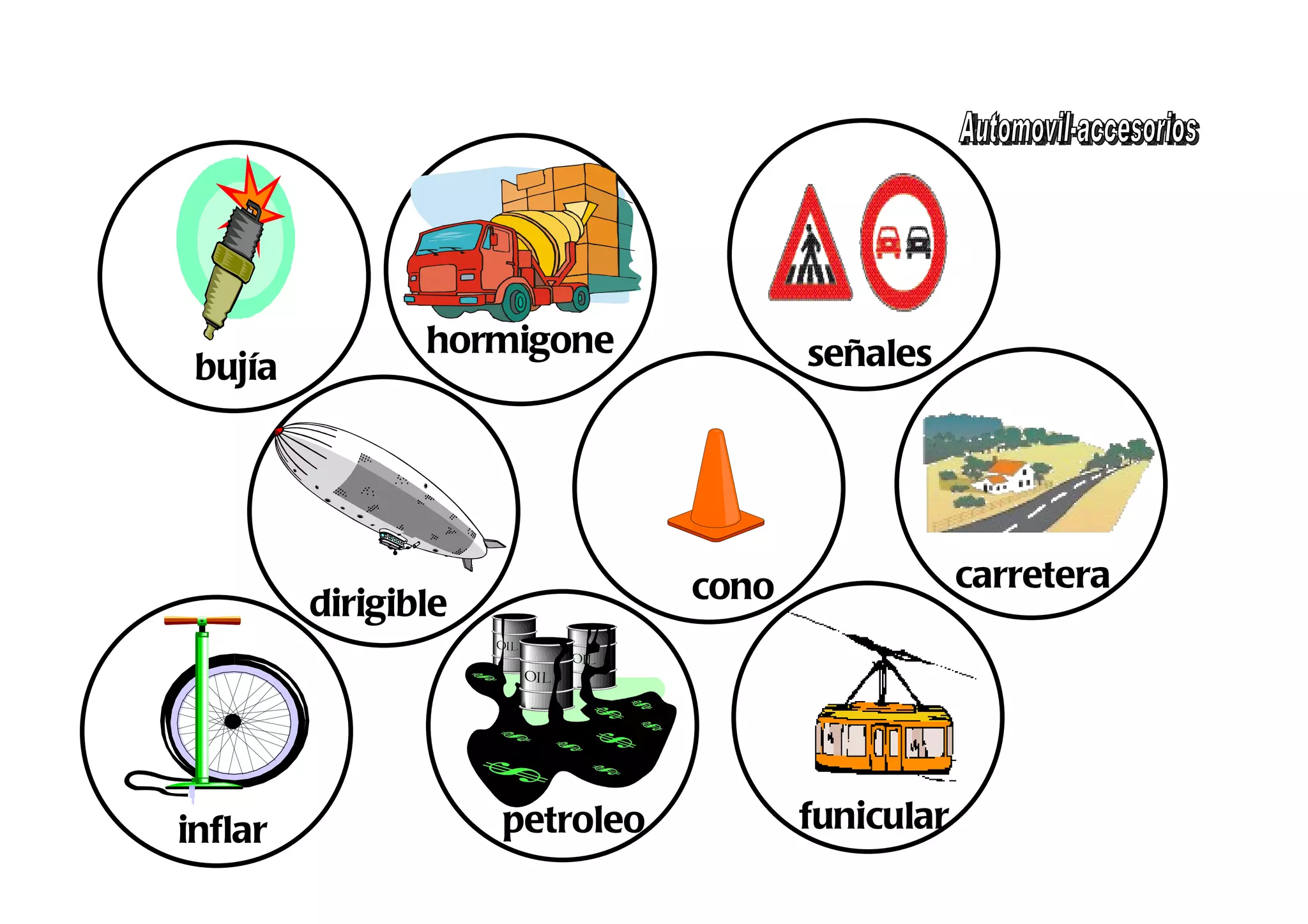 hormigone              señales
 bujía
                    ra




                                cono               carretera
         dirigible




inflar               petroleo          funicular
 