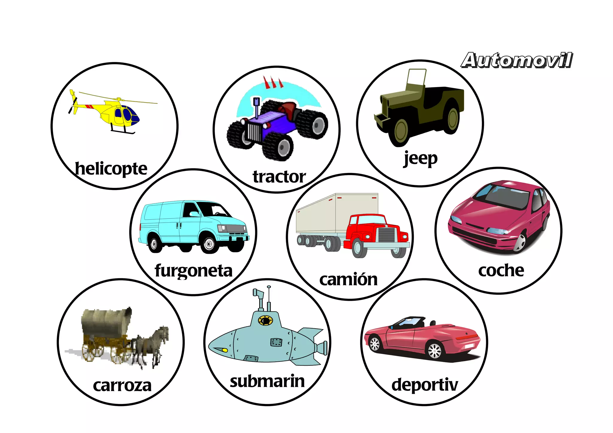 jeep
helicopte               tractor




            furgoneta                                 coche
                                  camión




  carroza           submarin               deportiv
                       o
 