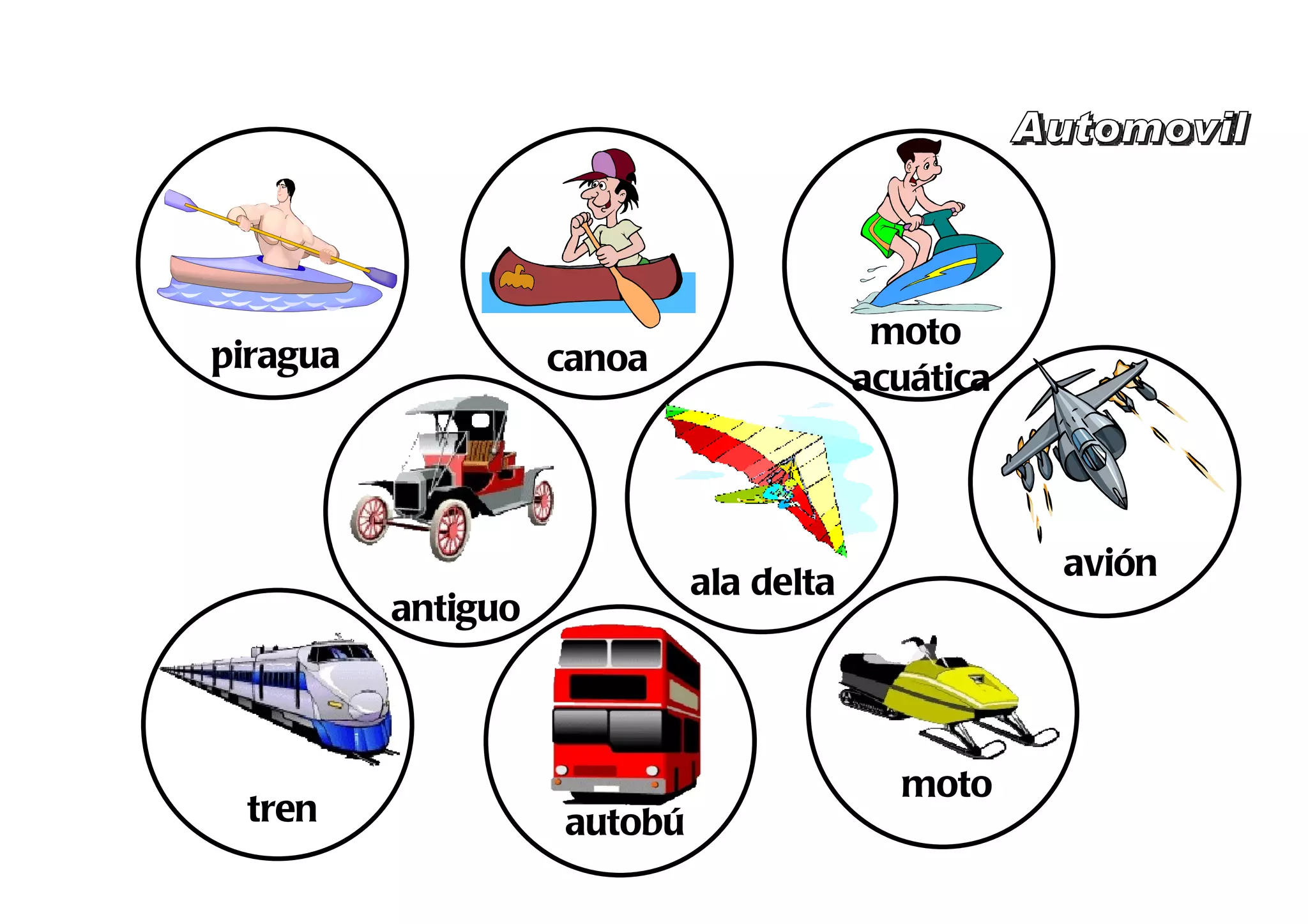moto
piragua             canoa
                                         acuática



                                                    avión
                             ala delta
          antiguo                                   caza



                                           moto
 tren               autobú                 nieve
                       s
 