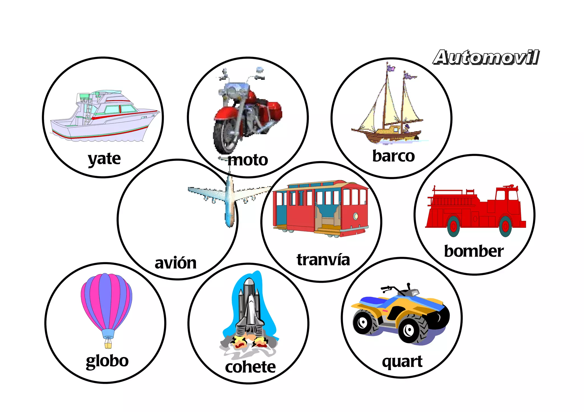 yate            moto               barco




                                            bomber
        avión            tranvía
                                              os




globo           cohete              quart
 